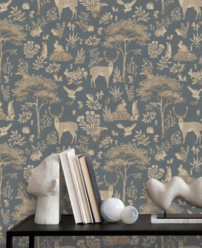 blue kids forest wallpaper mural called Vintage Blue Fantastic Forest by Kikki Belle for a nursery or kid's bedroom