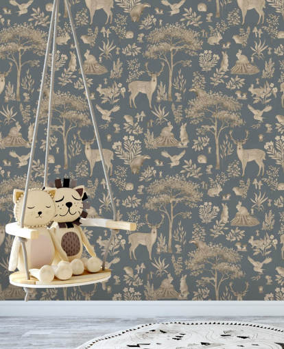 blå barneskoggtapet veggmaleri kalt Vintage Blue Fantastic Forest av Kikki Belle for barnehage eller barnerom