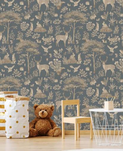 mural de papel de parede azul para crianças chamado Vintage Blue Fantastic Forest de Kikki Belle para um berçário ou quarto infantil mural de papel de parede azul para crianças chamado Vintage Blue Fantastic Forest de Kikki Belle para um berçário ou quarto infantil