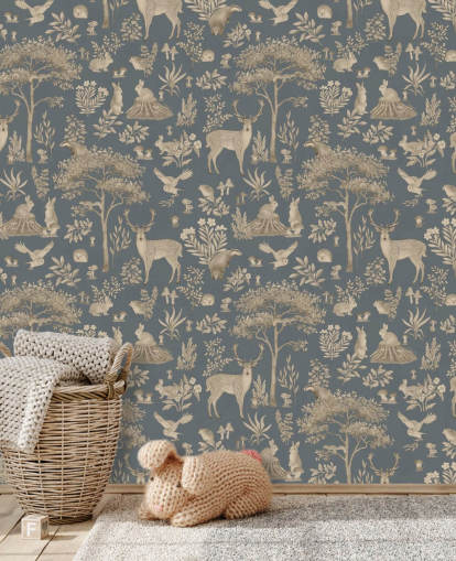 mural azul de un bosque infantil llamado Vintage Blue Fantastic Forest de Kikki Belle para una guardería o dormitorio infantil mural azul de un bosque infantil llamado Vintage Blue Fantastic Forest de Kikki Belle para una guardería o dormitorio infantil