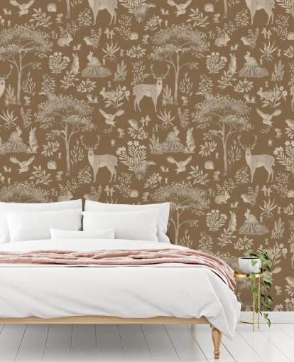 Braune Wald-Wandtapete für Kinder namens Vintage Brown Fantastic Forest von Kikki Belle für ein Baby- oder Kinderzimmer Braune Wald-Wandtapete für Kinder namens Vintage Brown Fantastic Forest von Kikki Belle für ein Baby- oder Kinderzimmer