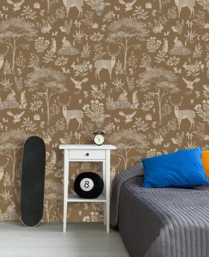 Braune Wald-Wandtapete für Kinder namens Vintage Brown Fantastic Forest von Kikki Belle für ein Baby- oder Kinderzimmer