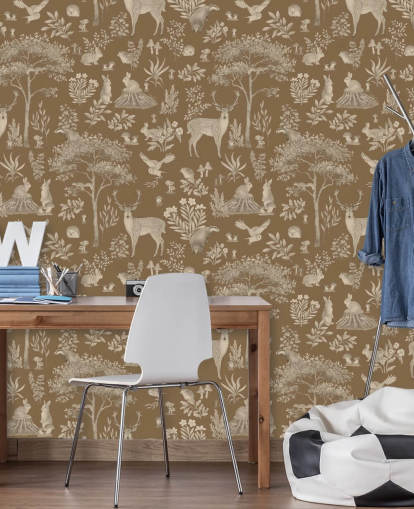 bruna barnskogstapetväggmålning som heter Vintage Brown Fantastic Forest av Kikki Belle för en plantskola eller barns sovrum