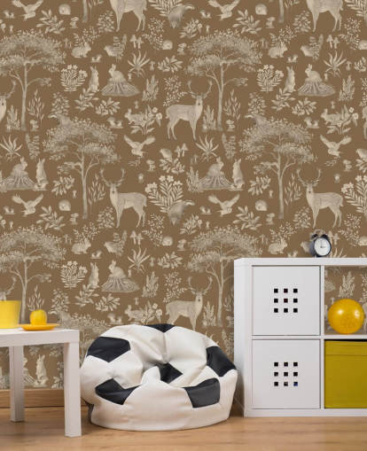 brunt barneskoggtapet veggmaleri kalt Vintage Brown Fantastic Forest av Kikki Belle for barnehage eller barnerom