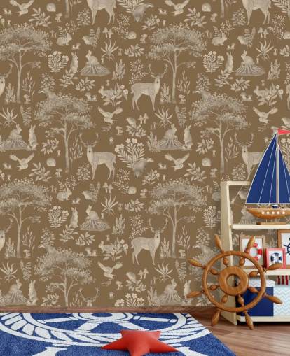Braune Wald-Wandtapete für Kinder namens Vintage Brown Fantastic Forest von Kikki Belle für ein Baby- oder Kinderzimmer