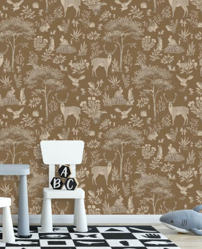 brunt børneskovtapet vægmaleri kaldet Vintage Brown Fantastic Forest af Kikki Belle til en børnehave eller børns soveværelse brunt børneskovtapet vægmaleri kaldet Vintage Brown Fantastic Forest af Kikki Belle til en børnehave eller børns soveværelse