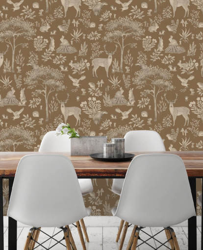 mural de papel de parede marrom para crianças chamado Vintage Brown Fantastic Forest de Kikki Belle para um berçário ou quarto infantil