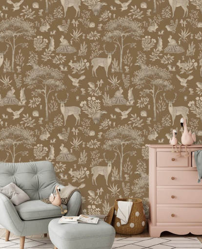 mural marrón de un bosque infantil llamado Vintage Brown Fantastic Forest de Kikki Belle para una guardería o dormitorio infantil mural marrón de un bosque infantil llamado Vintage Brown Fantastic Forest de Kikki Belle para una guardería o dormitorio infantil