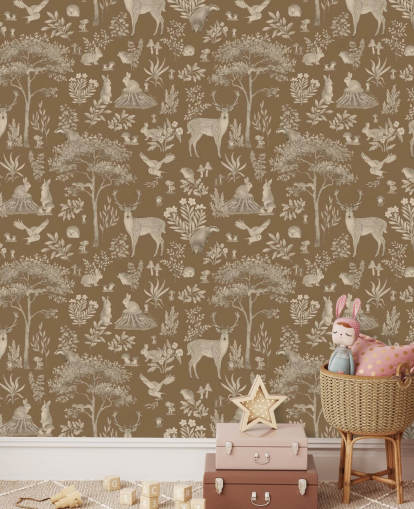 Braune Wald-Wandtapete für Kinder namens Vintage Brown Fantastic Forest von Kikki Belle für ein Baby- oder Kinderzimmer