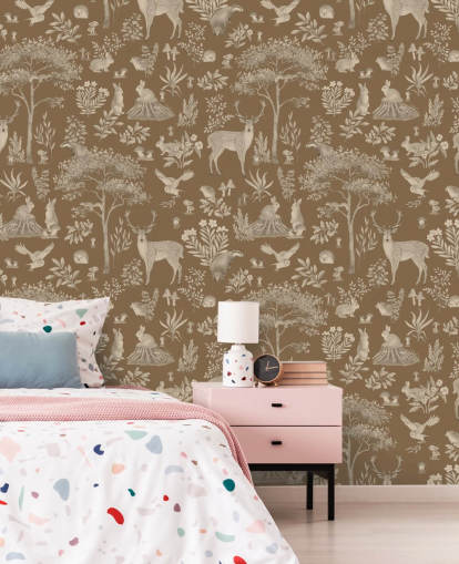 mural marrón de un bosque infantil llamado Vintage Brown Fantastic Forest de Kikki Belle para una guardería o dormitorio infantil