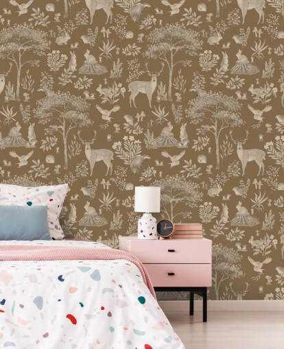 brown kids forest wallpaper mural called Vintage Brown Fantastic Forest by Kikki Belle for a nursery or kid's bedroom brown kids forest wallpaper mural called Vintage Brown Fantastic Forest by Kikki Belle for a nursery or kid's bedroom
