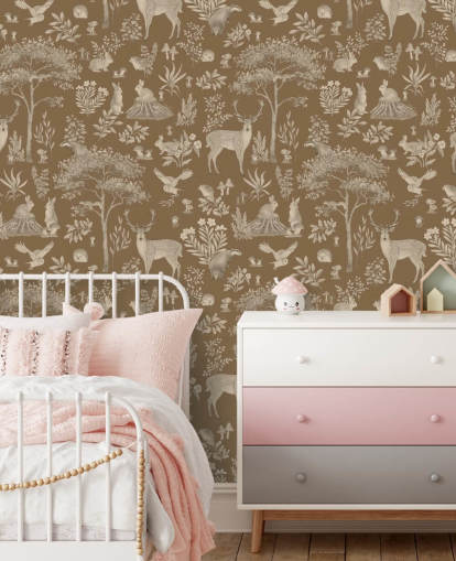 carta da parati murale marrone per bambini chiamata Vintage Brown Fantastic Forest di Kikki Belle per un asilo nido o una camera da letto per bambini