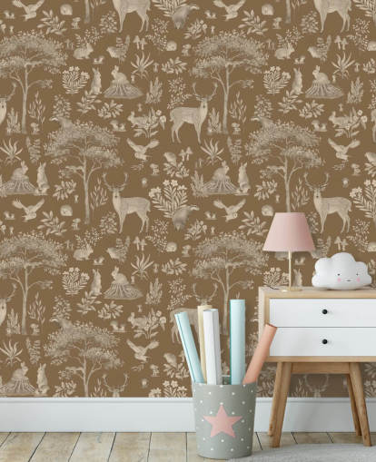 bruine bosmuurschildering voor kinderen genaamd Vintage Brown Fantastic Forest van Kikki Belle voor een kinderkamer of kinderkamer bruine bosmuurschildering voor kinderen genaamd Vintage Brown Fantastic Forest van Kikki Belle voor een kinderkamer of kinderkamer