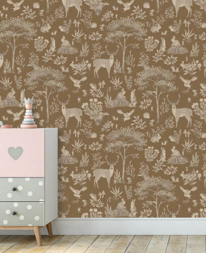 papier peint mural marron pour enfants appelé Vintage Brown Fantastic Forest par Kikki Belle pour une crèche ou une chambre d'enfant