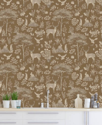 brown kids forest wallpaper mural called Vintage Brown Fantastic Forest by Kikki Belle for a nursery or kid's bedroom