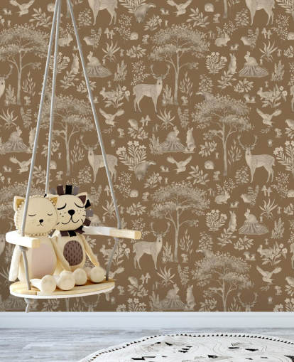 papier peint mural marron pour enfants appelé Vintage Brown Fantastic Forest par Kikki Belle pour une crèche ou une chambre d'enfant
