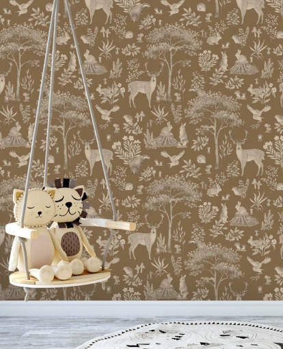 bruna barnskogstapetväggmålning som heter Vintage Brown Fantastic Forest av Kikki Belle för en plantskola eller barns sovrum