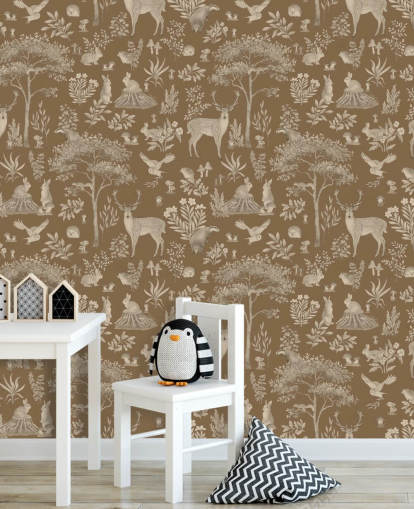 mural de papel de parede marrom para crianças chamado Vintage Brown Fantastic Forest de Kikki Belle para um berçário ou quarto infantil