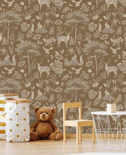 papier peint mural marron pour enfants appelé Vintage Brown Fantastic Forest par Kikki Belle pour une crèche ou une chambre d'enfant
