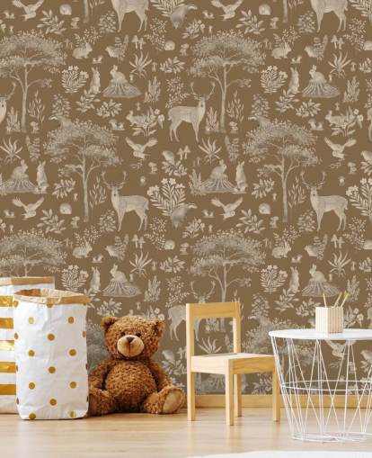 brown kids forest wallpaper mural called Vintage Brown Fantastic Forest by Kikki Belle for a nursery or kid's bedroom