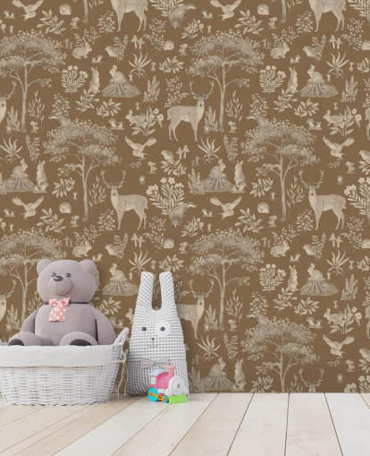 mural de papel de parede marrom para crianças chamado Vintage Brown Fantastic Forest de Kikki Belle para um berçário ou quarto infantil