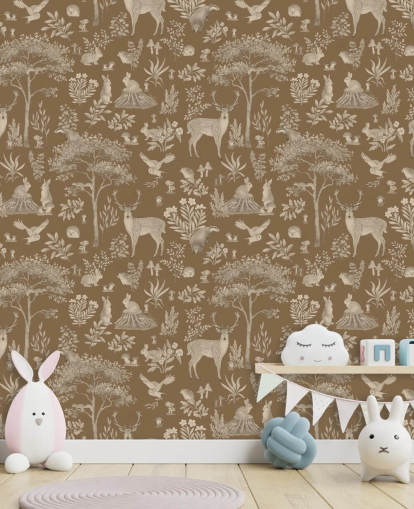 brown kids forest wallpaper mural called Vintage Brown Fantastic Forest by Kikki Belle for a nursery or kid's bedroom
