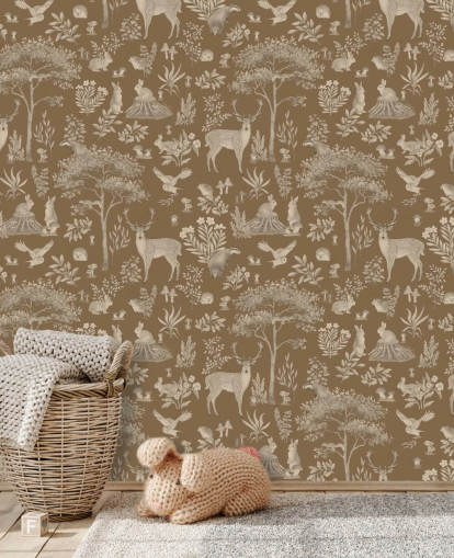 Braune Wald-Wandtapete für Kinder namens Vintage Brown Fantastic Forest von Kikki Belle für ein Baby- oder Kinderzimmer