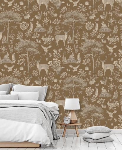 brown kids forest wallpaper mural called Vintage Brown Fantastic Forest by Kikki Belle for a nursery or kid's bedroom