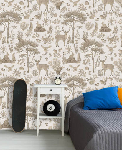 papier peint mural blanc pour enfants appelé Vintage White Fantastic Forest par Kikki Belle pour chambres d'enfants