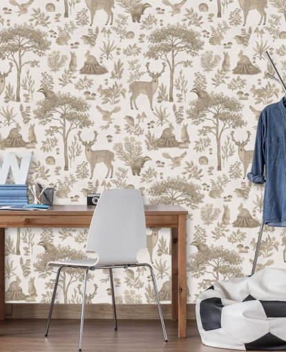 vit barnskog tapetväggmålning som heter Vintage White Fantastic Forest av Kikki Belle för barnens sovrum