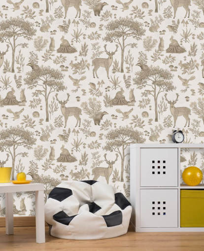 vit barnskog tapetväggmålning som heter Vintage White Fantastic Forest av Kikki Belle för barnens sovrum