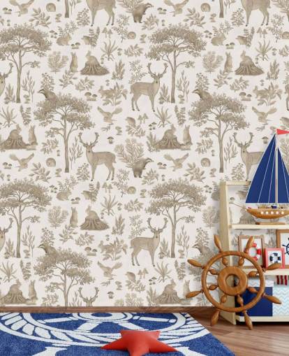 white kids forest wallpaper mural called Vintage White Fantastic Forest by Kikki Belle for kids bedrooms