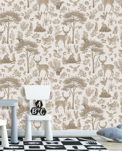 Weiße Wald-Wandtapete für Kinder namens Vintage White Fantastic Forest von Kikki Belle für Kinderzimmer