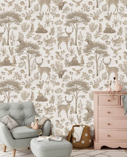 mural de papel de parede florestal infantil branco chamado Vintage White Fantastic Forest de Kikki Belle para quartos infantis