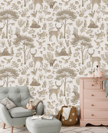 witte muurschildering in het bos voor kinderen genaamd Vintage White Fantastic Forest van Kikki Belle voor kinderkamers witte muurschildering in het bos voor kinderen genaamd Vintage White Fantastic Forest van Kikki Belle voor kinderkamers