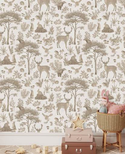 mural de papel de parede florestal infantil branco chamado Vintage White Fantastic Forest de Kikki Belle para quartos infantis