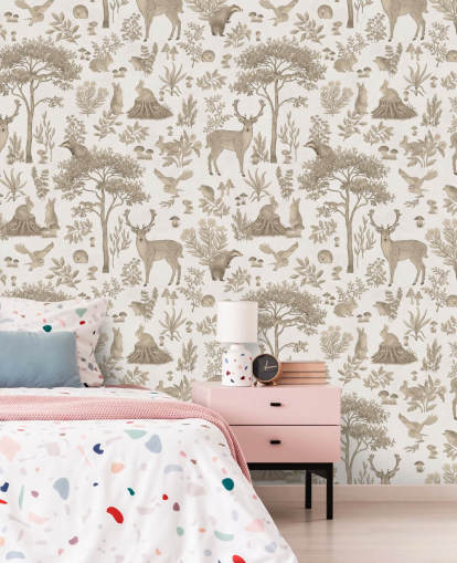 vit barnskog tapetväggmålning som heter Vintage White Fantastic Forest av Kikki Belle för barnens sovrum vit barnskog tapetväggmålning som heter Vintage White Fantastic Forest av Kikki Belle för barnens sovrum