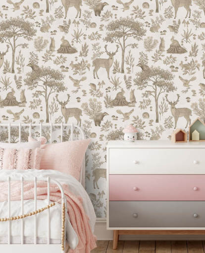 hvide børneskovtapetmaleri kaldet Vintage White Fantastic Forest af Kikki Belle til børns soveværelser hvide børneskovtapetmaleri kaldet Vintage White Fantastic Forest af Kikki Belle til børns soveværelser