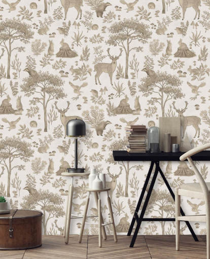 white kids forest wallpaper mural called Vintage White Fantastic Forest by Kikki Belle for kids bedrooms