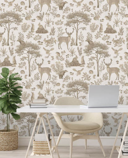 mural blanco de un bosque infantil llamado Vintage White Fantastic Forest de Kikki Belle para dormitorios infantiles