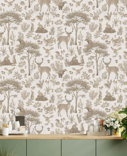 mural blanco de un bosque infantil llamado Vintage White Fantastic Forest de Kikki Belle para dormitorios infantiles