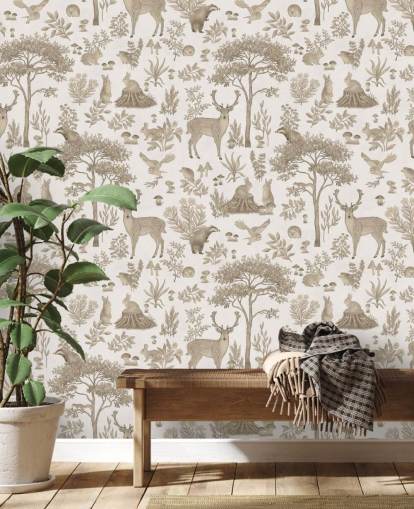 white kids forest wallpaper mural called Vintage White Fantastic Forest by Kikki Belle for kids bedrooms