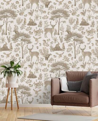 mural blanco de un bosque infantil llamado Vintage White Fantastic Forest de Kikki Belle para dormitorios infantiles