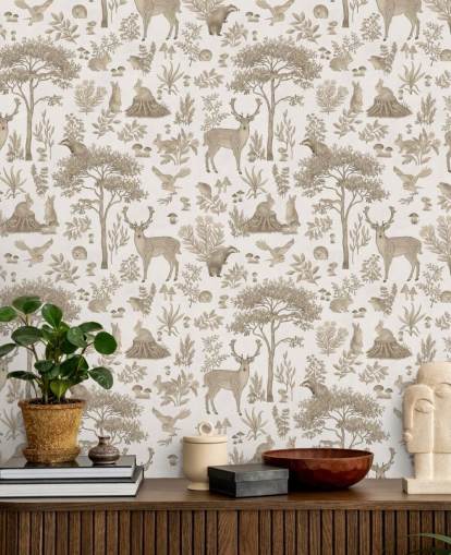 white kids forest wallpaper mural called Vintage White Fantastic Forest by Kikki Belle for kids bedrooms