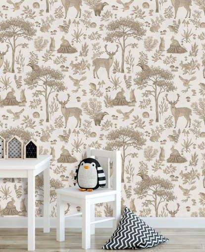 vit barnskog tapetväggmålning som heter Vintage White Fantastic Forest av Kikki Belle för barnens sovrum