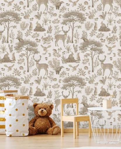 mural blanco de un bosque infantil llamado Vintage White Fantastic Forest de Kikki Belle para dormitorios infantiles