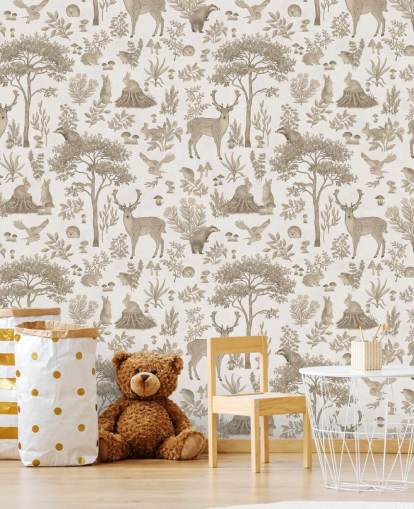 witte muurschildering in het bos voor kinderen genaamd Vintage White Fantastic Forest van Kikki Belle voor kinderkamers