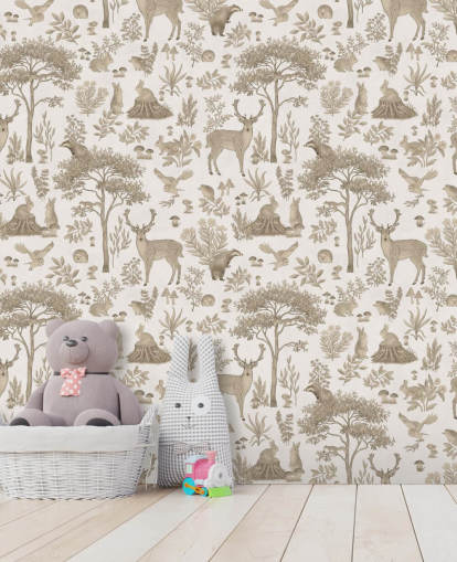 mural de papel de parede florestal infantil branco chamado Vintage White Fantastic Forest de Kikki Belle para quartos infantis