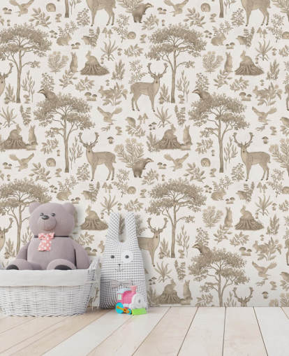 witte muurschildering in het bos voor kinderen genaamd Vintage White Fantastic Forest van Kikki Belle voor kinderkamers