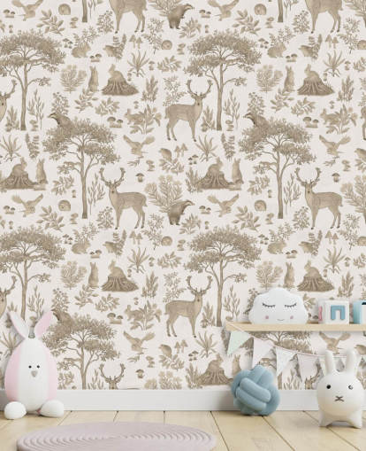 mural blanco de un bosque infantil llamado Vintage White Fantastic Forest de Kikki Belle para dormitorios infantiles mural blanco de un bosque infantil llamado Vintage White Fantastic Forest de Kikki Belle para dormitorios infantiles